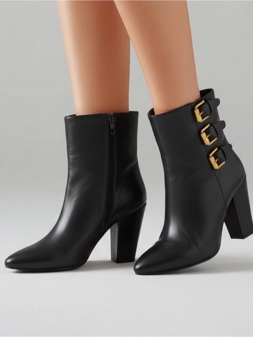 Rebecca Minkoff Black Leather Ankle Boots with Gold Buckle Accents